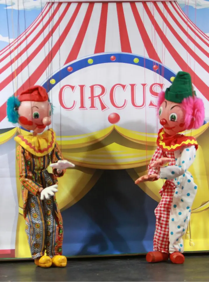 Two clown marionettes in the Moon & Sixpence production Send in the Clowns.
